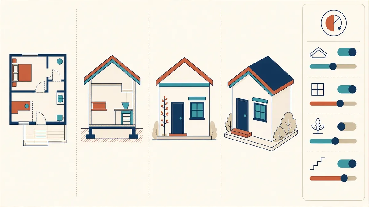 Several Revit views of the same building in plan, section and 3D with a view template settings panel