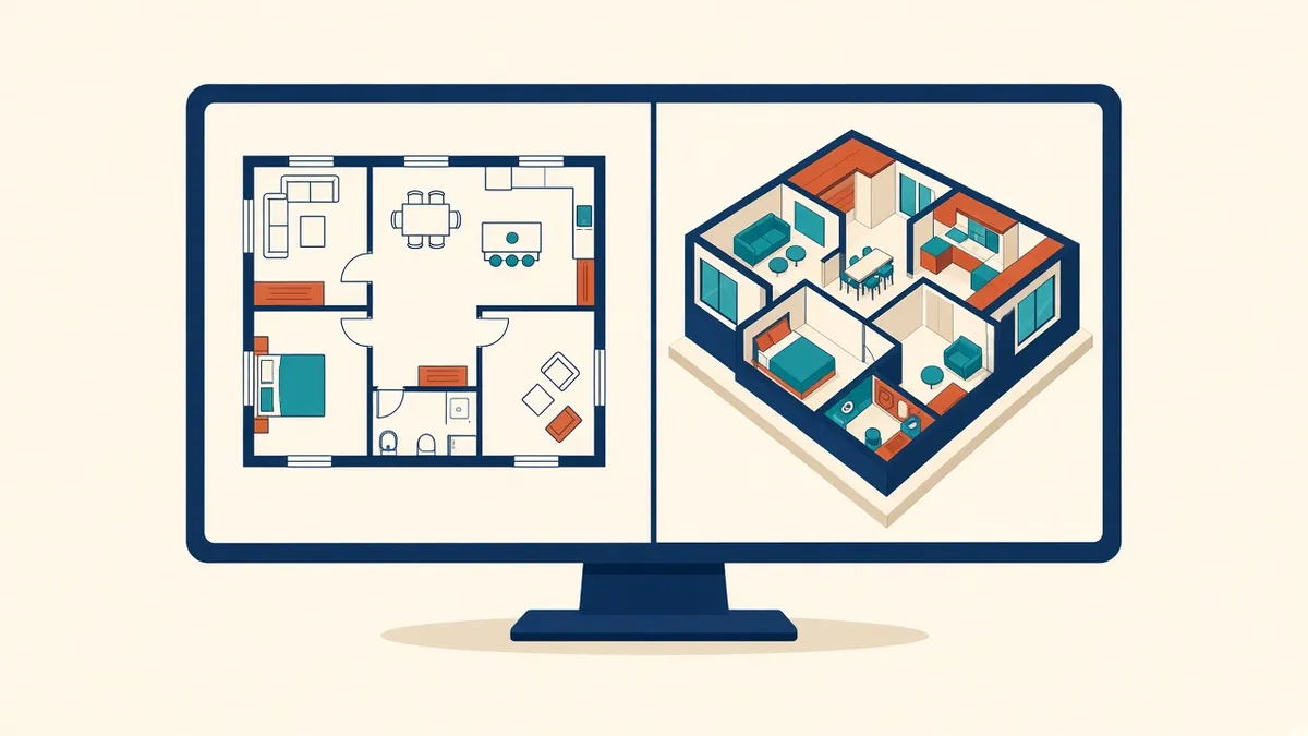A split screen with 2D CAD linework on one side and a 3D Revit building model on the other