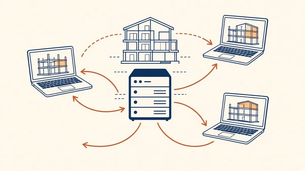 A central building model on a server with three laptops syncing local copies through curved arrows