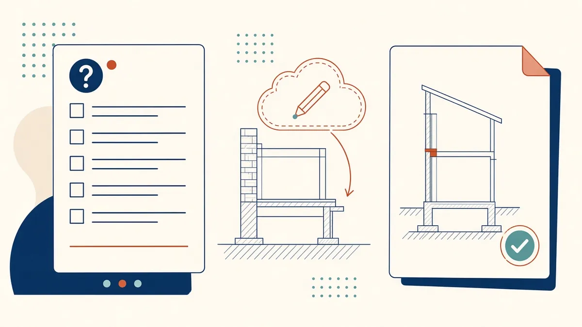 A contractor question form beside a clouded detail sketch and a revised drawing sheet