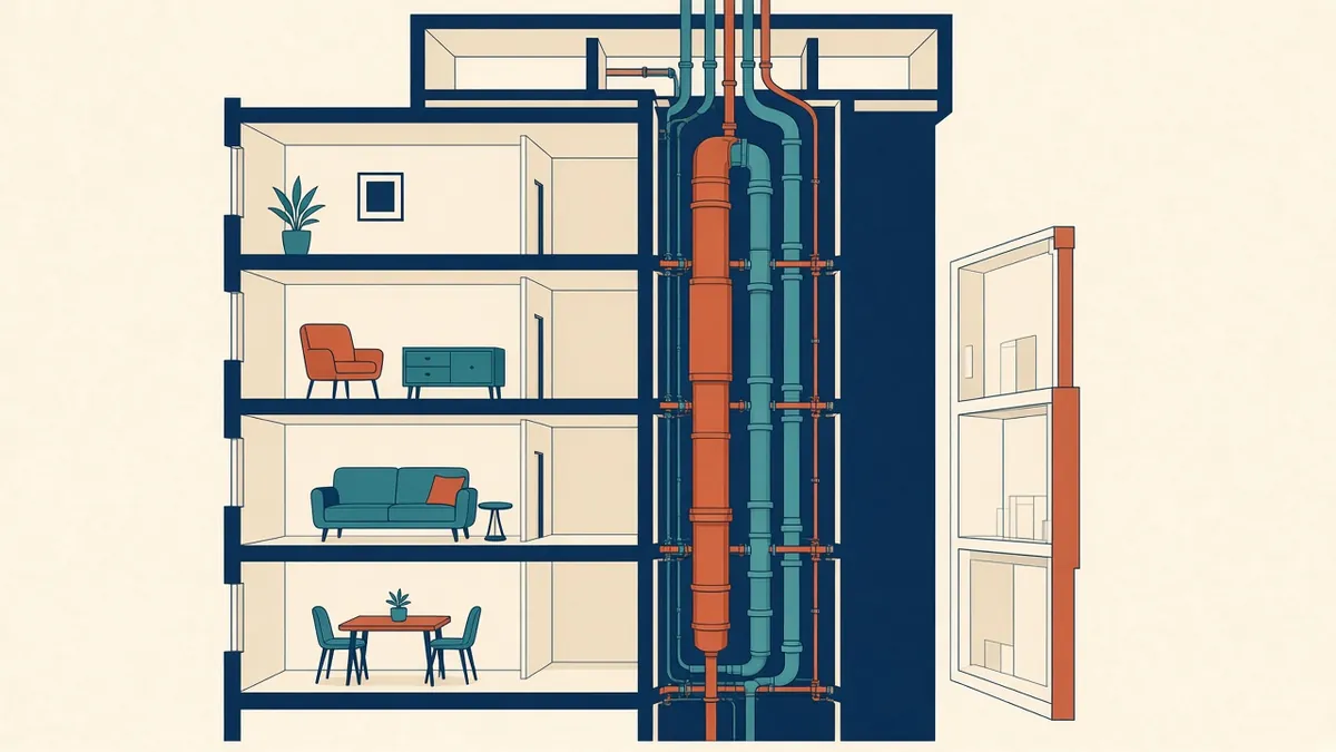 A building core plan with service risers for ductwork, pipework and electrical distribution