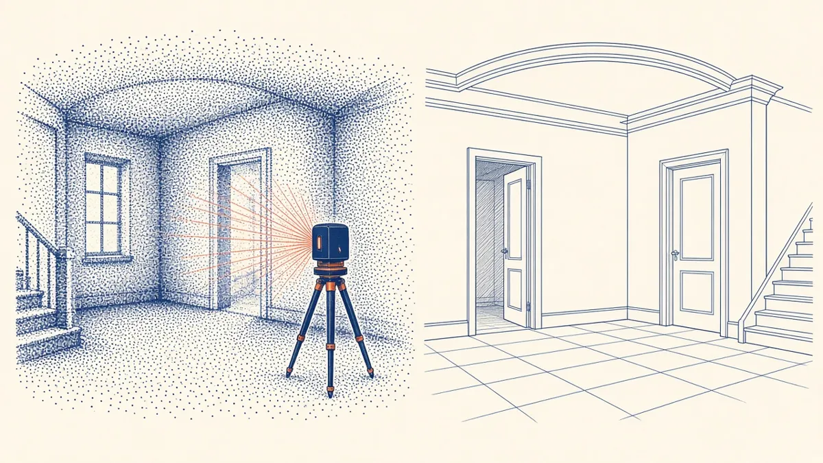 A historic building facade shown half as a coloured point cloud and half as a clean 3D model
