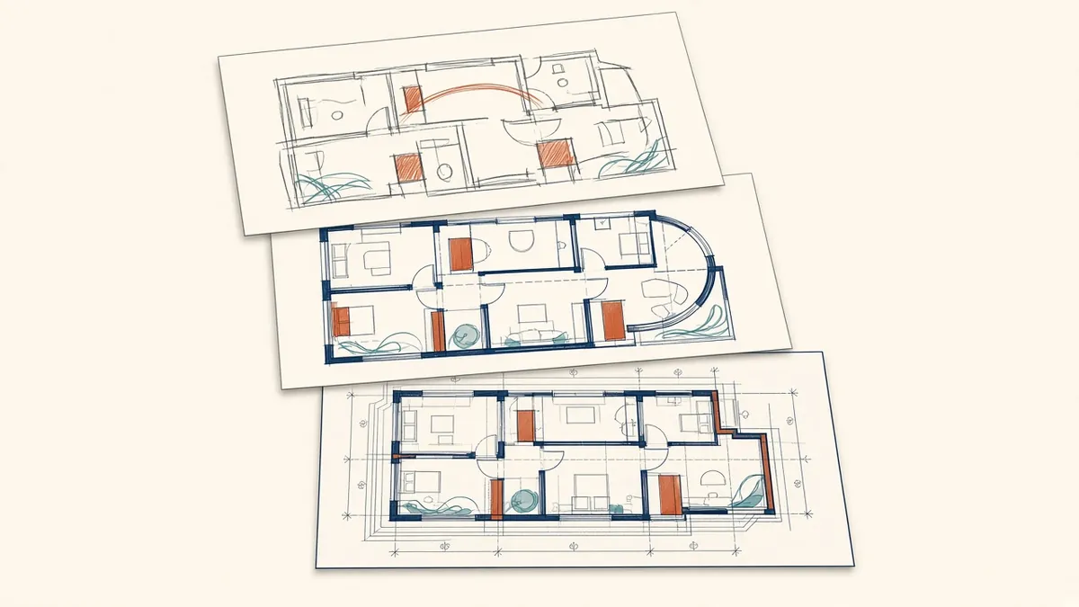 Three stacked drawing sheets progressing from a loose sketch plan to a fully annotated construction plan