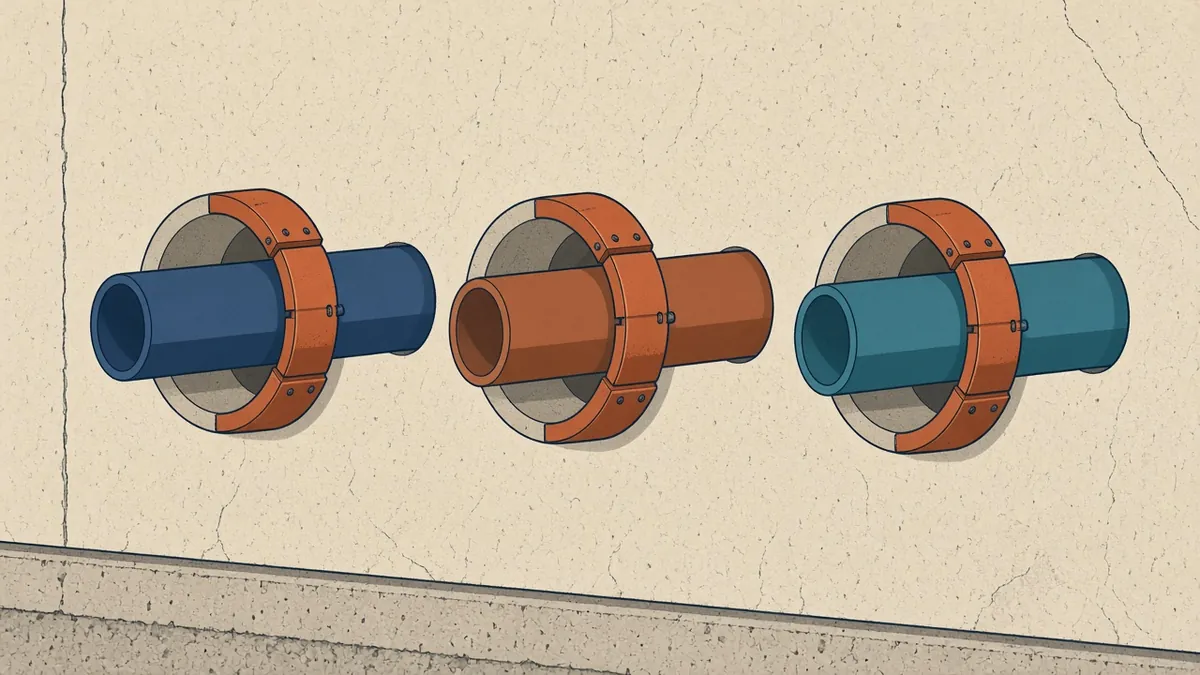 A concrete slab with pre-installed pipe sleeves and a fire-rated wall with sealed penetrations