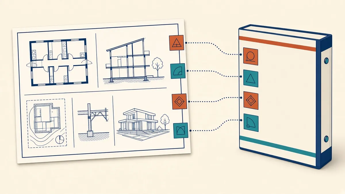 A drawing sheet and a bound specification document side by side linked by matching reference codes