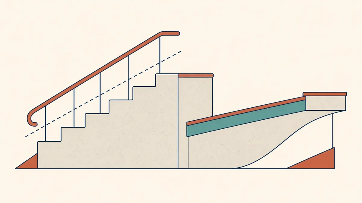 A stair section showing risers, treads, handrails and headroom dimensions beside a stair plan