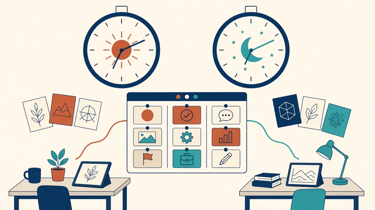 Two clocks showing different times above a shared project tracker and drawing set
