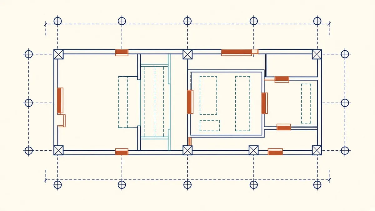 A plan with dimension strings anchored to structural grids and tolerance gaps highlighted at junctions