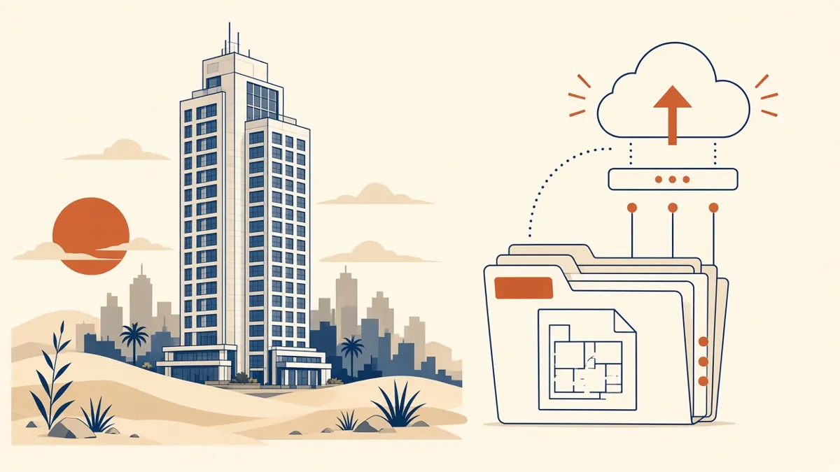 A high-rise tower in a desert city next to a digital folder of drawings uploading to an online portal