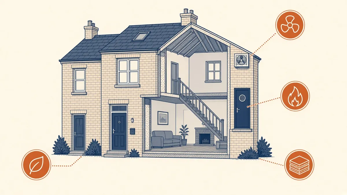 A cutaway terraced brick house with icons for structure, fire safety, ventilation and energy checks