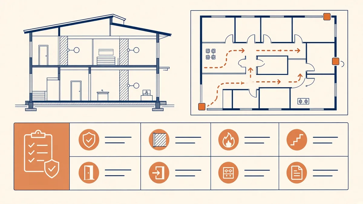 A building section with fire-rated walls and a floor plan with dashed exit routes beside a review checklist