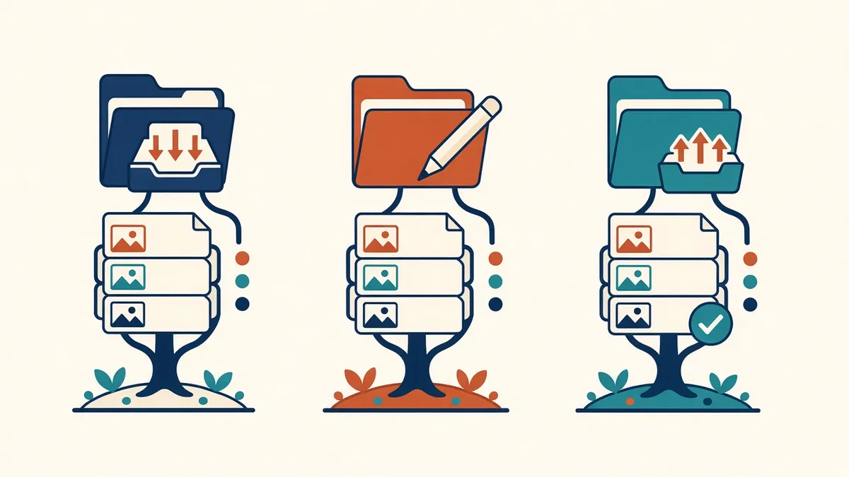 A folder tree with incoming, working and issued folders and versioned drawing files