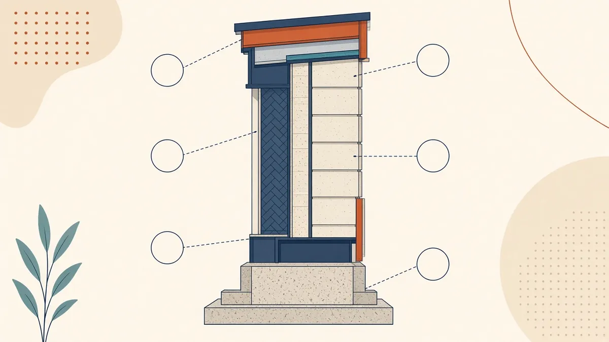 A tall wall section from foundation to parapet with layered materials, levels and detail callouts