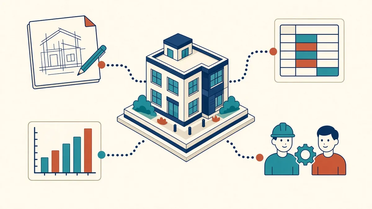 A building model surrounded by linked icons for drawings, schedules, quantities and coordination